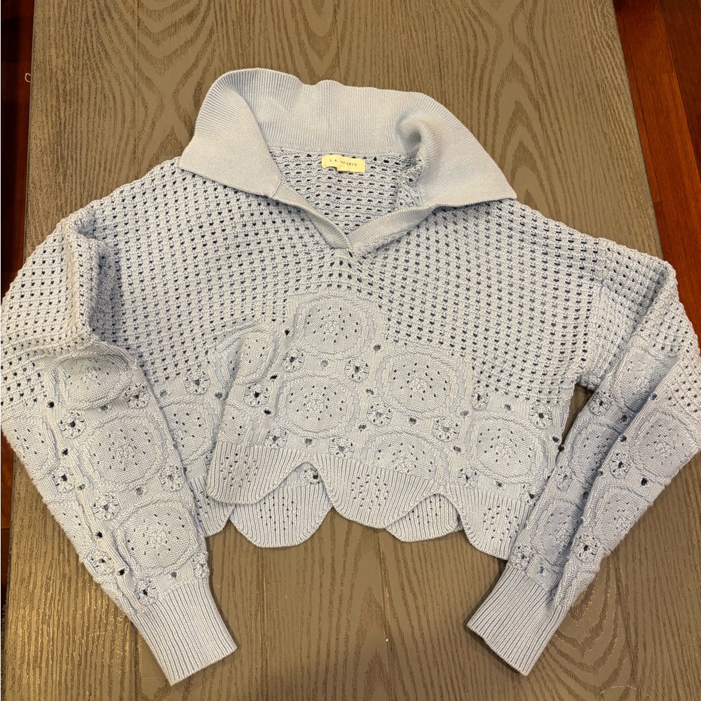 La hearts blue crochet sweater